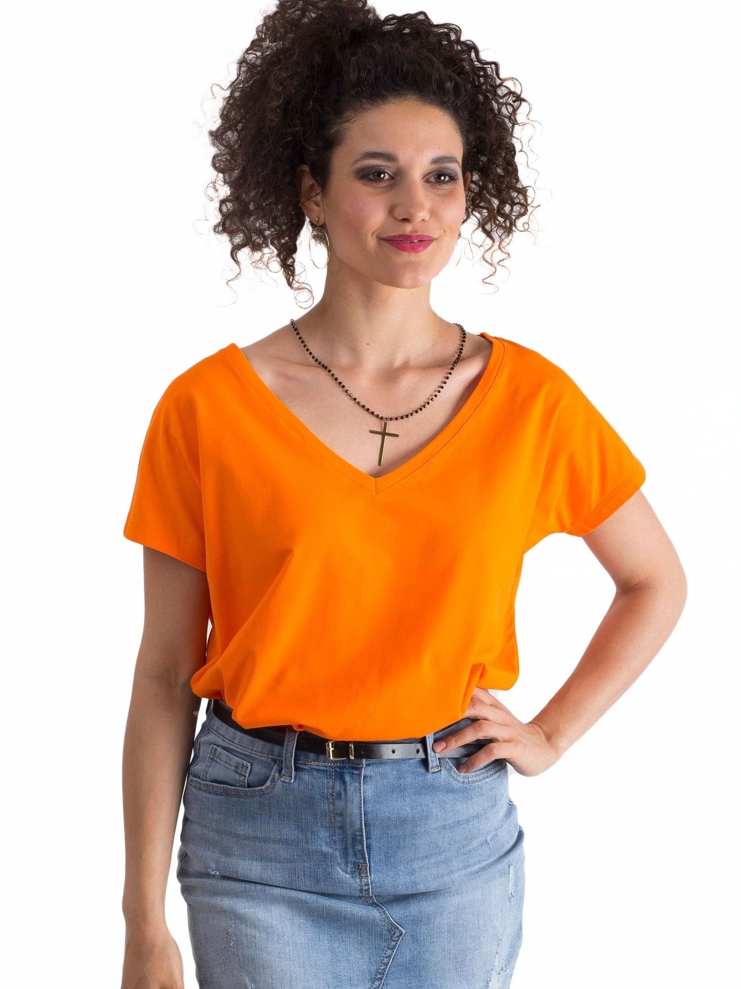 Bawełniany t-shirt V-neck fluo pomarańczowy