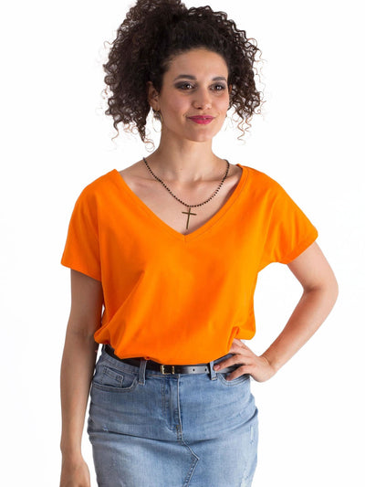 Bawełniany t-shirt V-neck fluo pomarańczowy