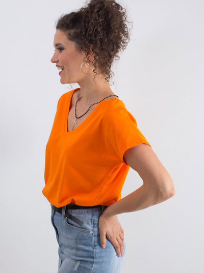 Bawełniany t-shirt V-neck fluo pomarańczowy