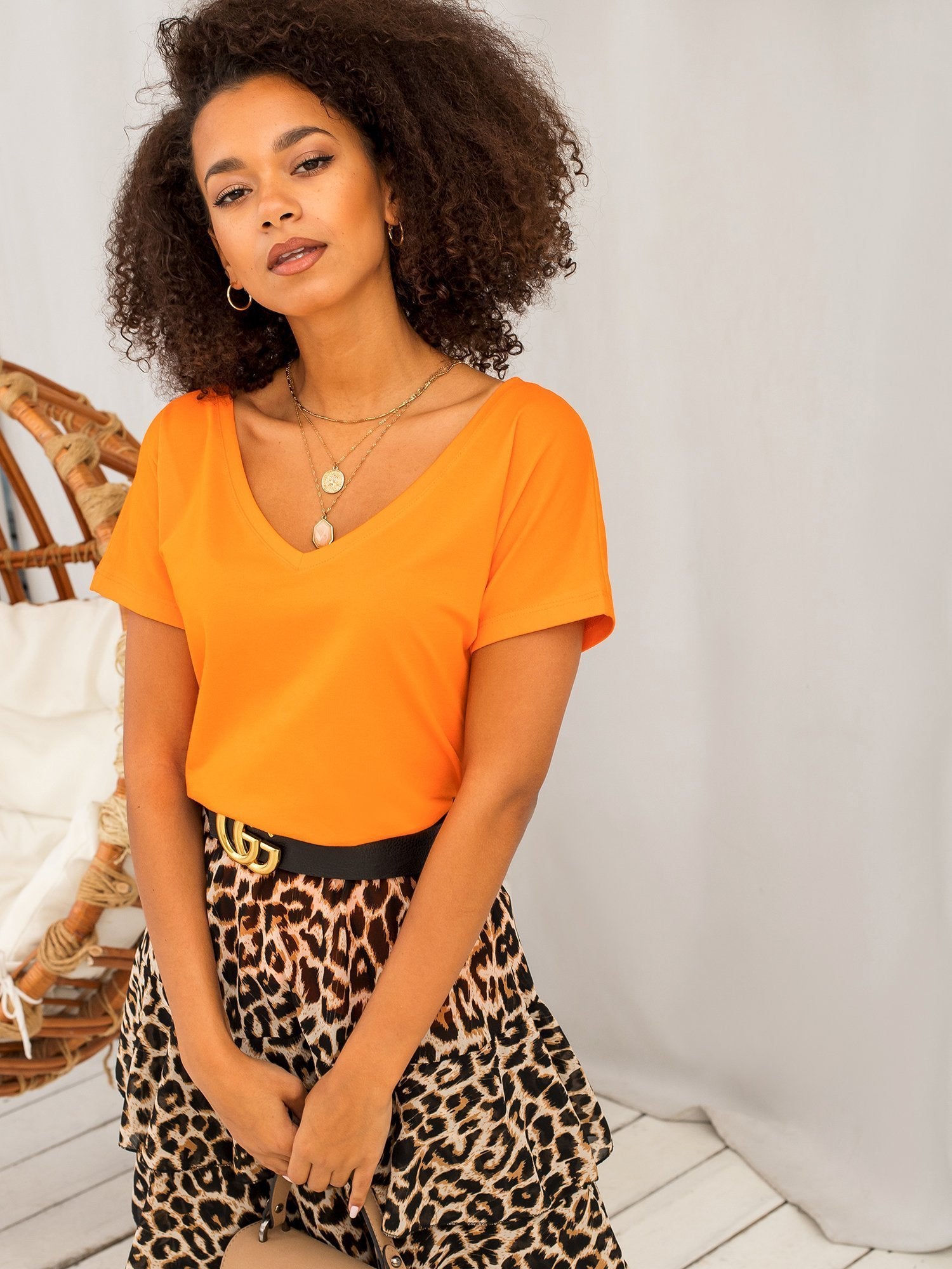 Bawełniany t-shirt V-neck fluo pomarańczowy