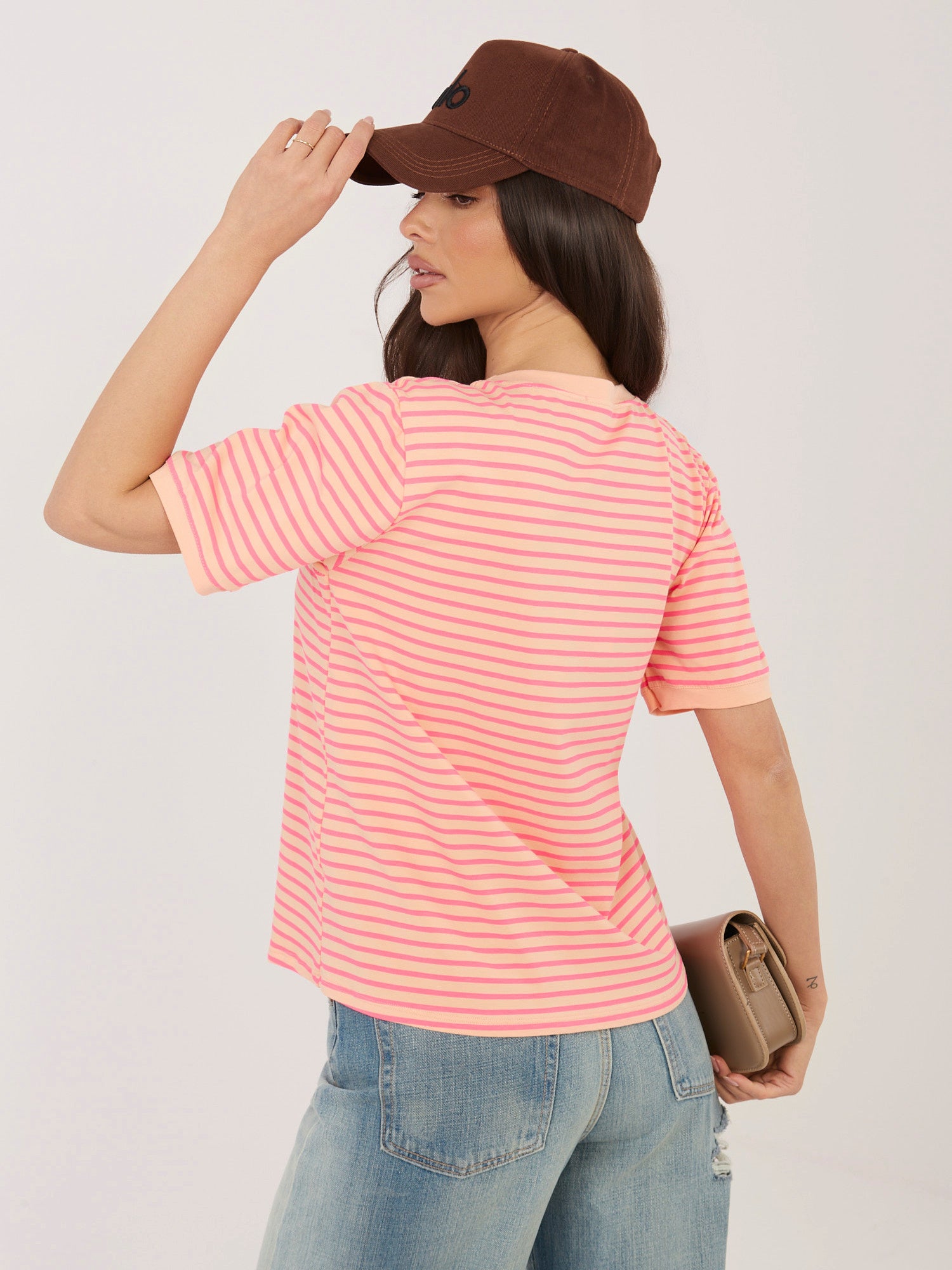 RUE PARIS Fluo pomarańczowy bawełniany t-shirt w paski