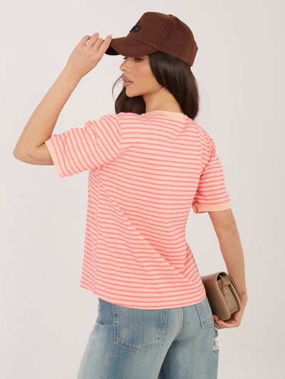 RUE PARIS Fluo pomarańczowy bawełniany t-shirt w paski