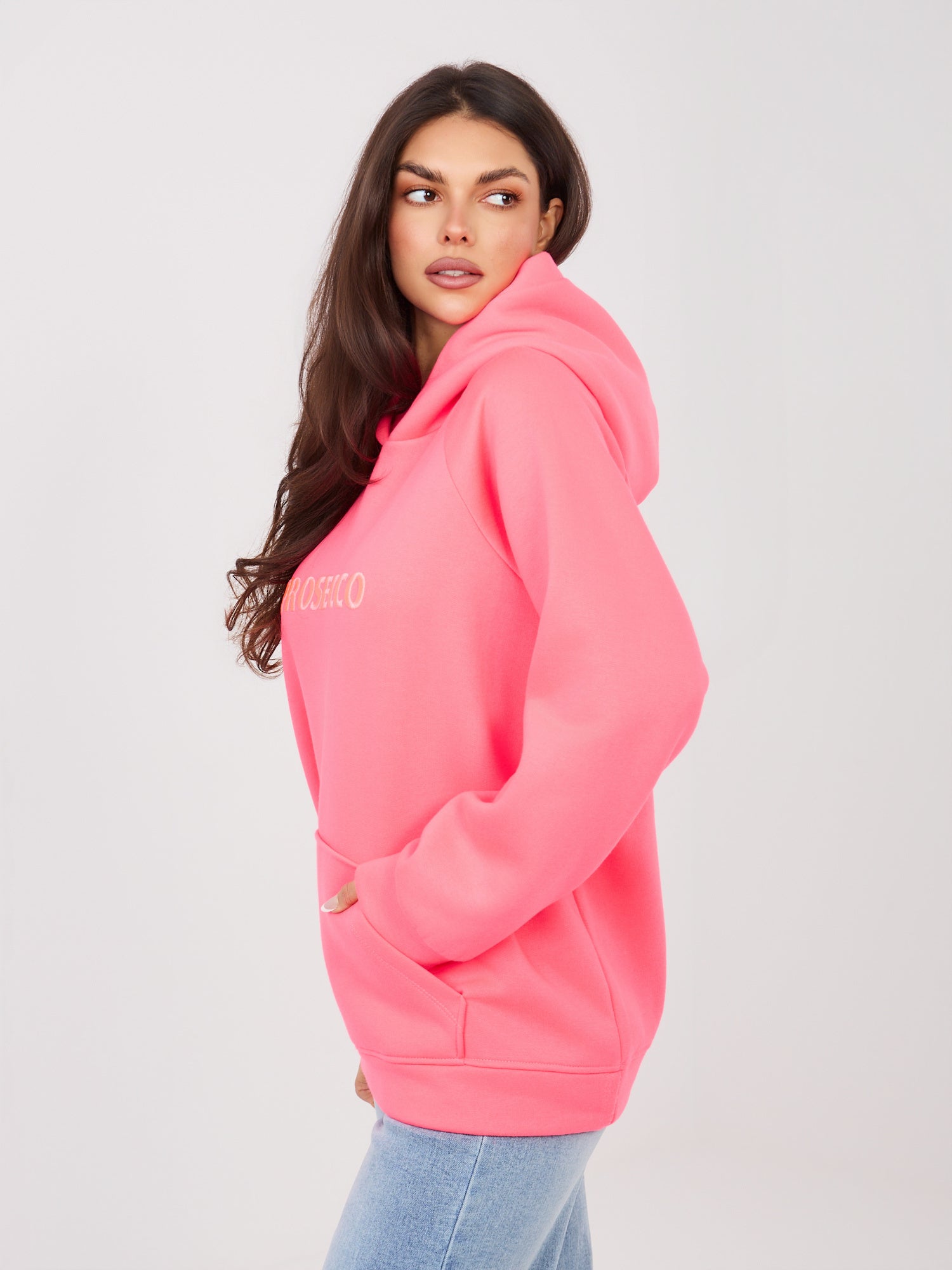 RUE PARIS Fluo różowa bluza kangurka z ociepleniem