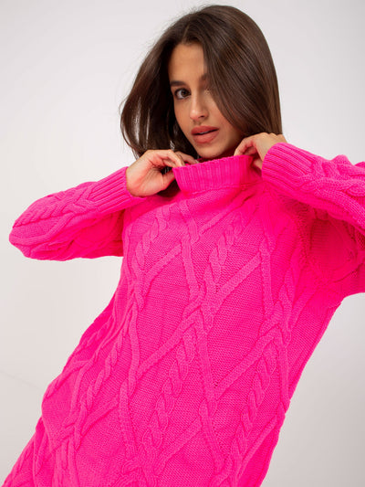 Fluo różowa mini sukienka dzianinowa z warkoczami RUE PARIS