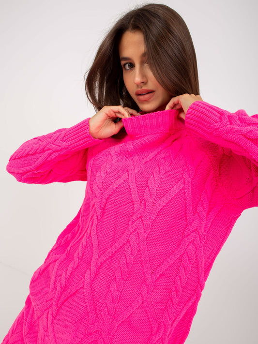 Fluo różowa mini sukienka dzianinowa z warkoczami RUE PARIS