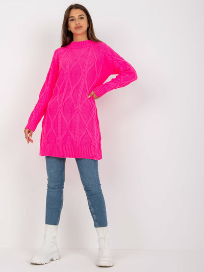 Fluo różowa mini sukienka dzianinowa z warkoczami RUE PARIS