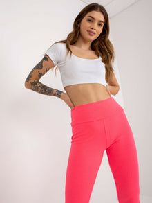 Fluo różowe prążkowane legginsy basic z bawełny