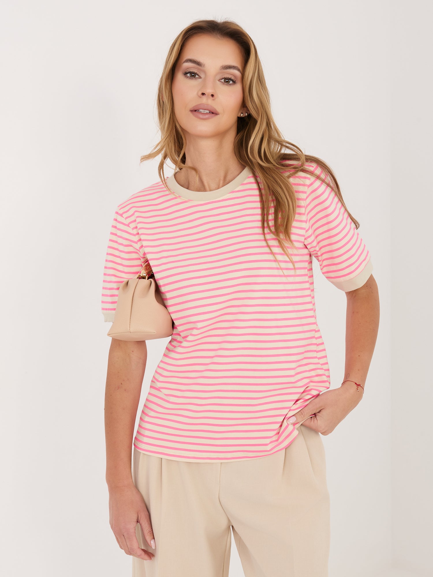 RUE PARIS Fluo różowo-beżowy bawełniany t-shirt w paski