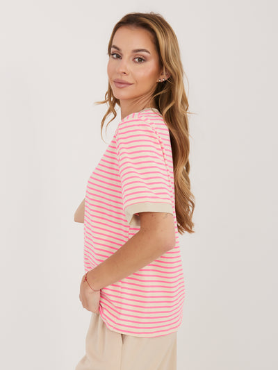 RUE PARIS Fluo różowo-beżowy bawełniany t-shirt w paski