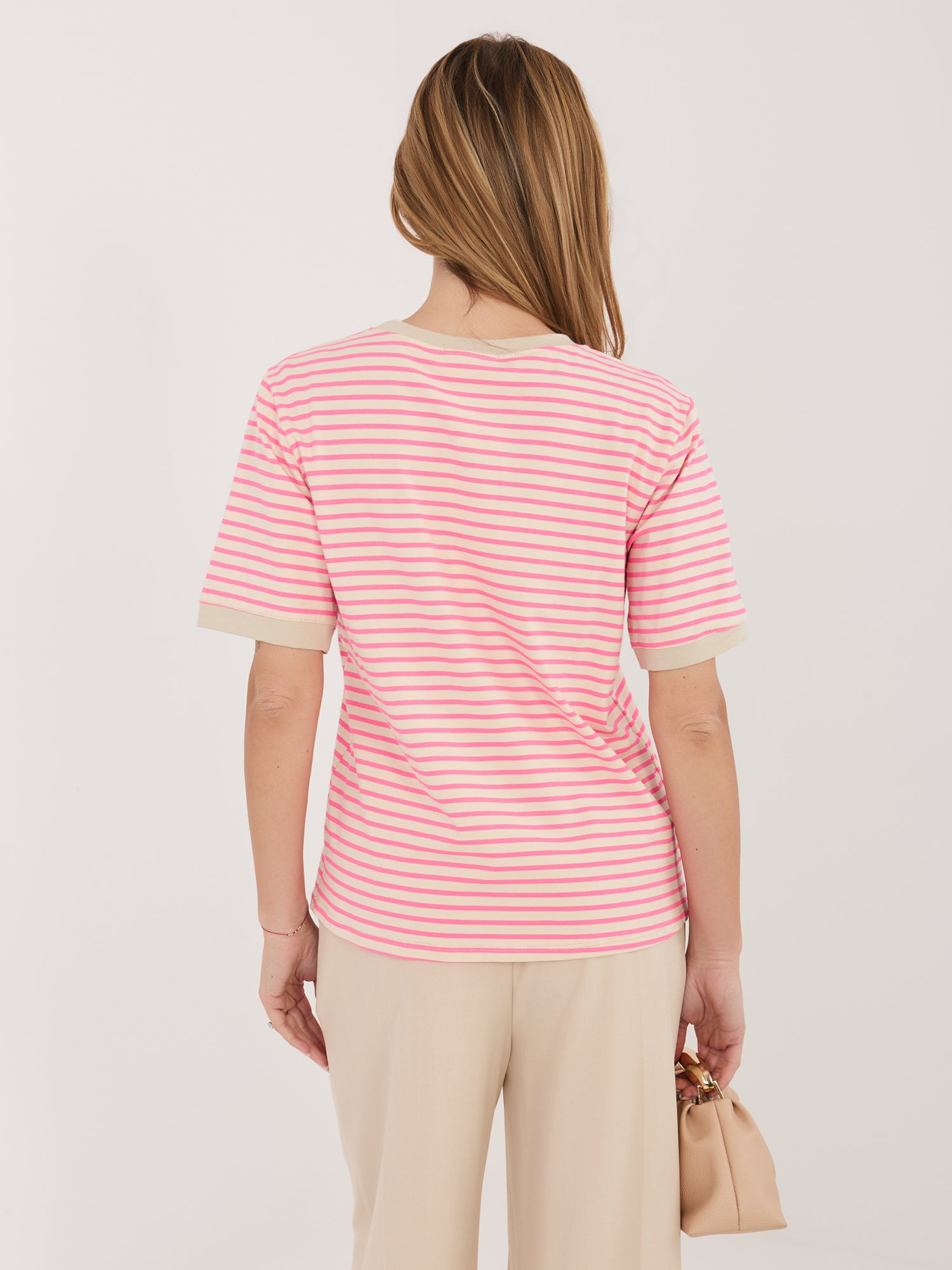 RUE PARIS Fluo różowo-beżowy bawełniany t-shirt w paski