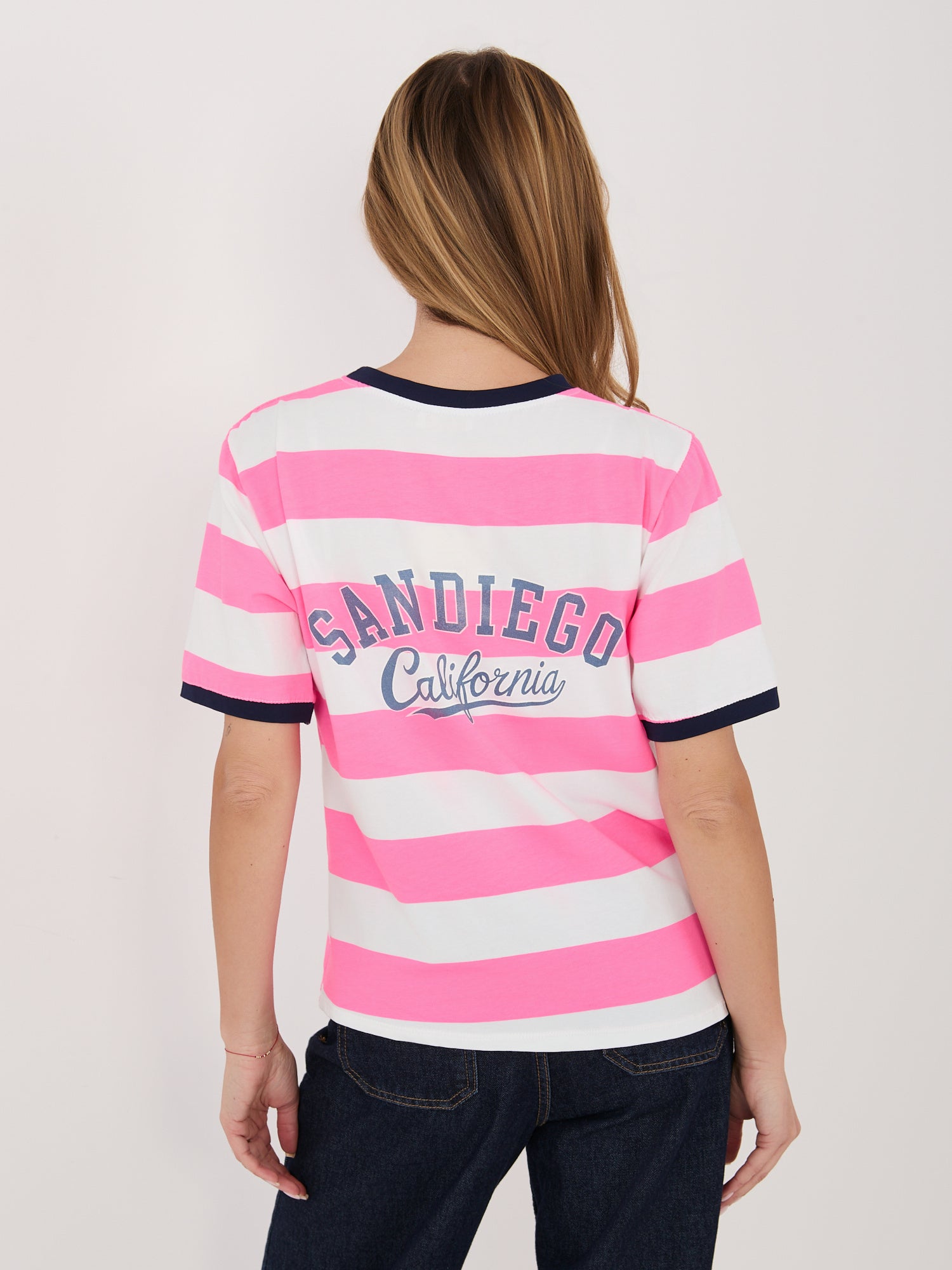 Fluo różowo-granatowy damski t-shirt z bawełny