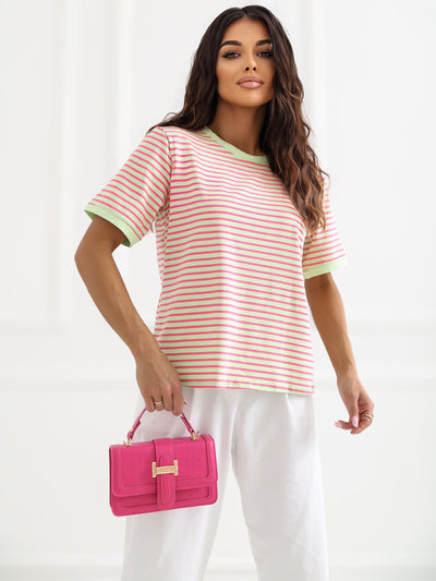 RUE PARIS Fluo różowo-jasnozielony t-shirt z okrągłym dekoltem