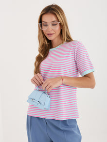 RUE PARIS  Fluo różowo-niebieski damski t-shirt w paski