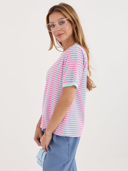 RUE PARIS  Fluo różowo-niebieski damski t-shirt w paski