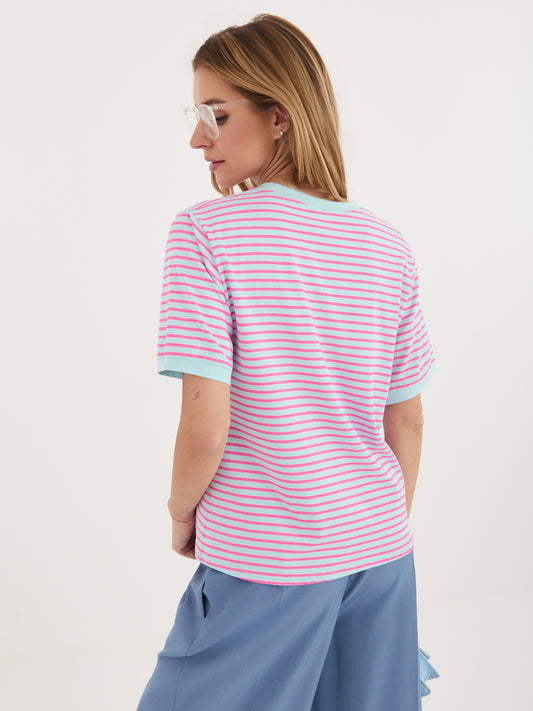 RUE PARIS  Fluo różowo-niebieski damski t-shirt w paski