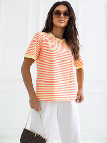 RUE PARIS Fluo różowo-żółty t-shirt oversize w paski