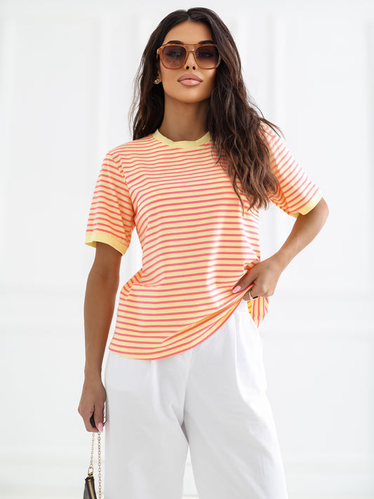 RUE PARIS Fluo różowo-żółty t-shirt oversize w paski