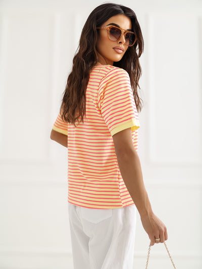 RUE PARIS Fluo różowo-żółty t-shirt oversize w paski