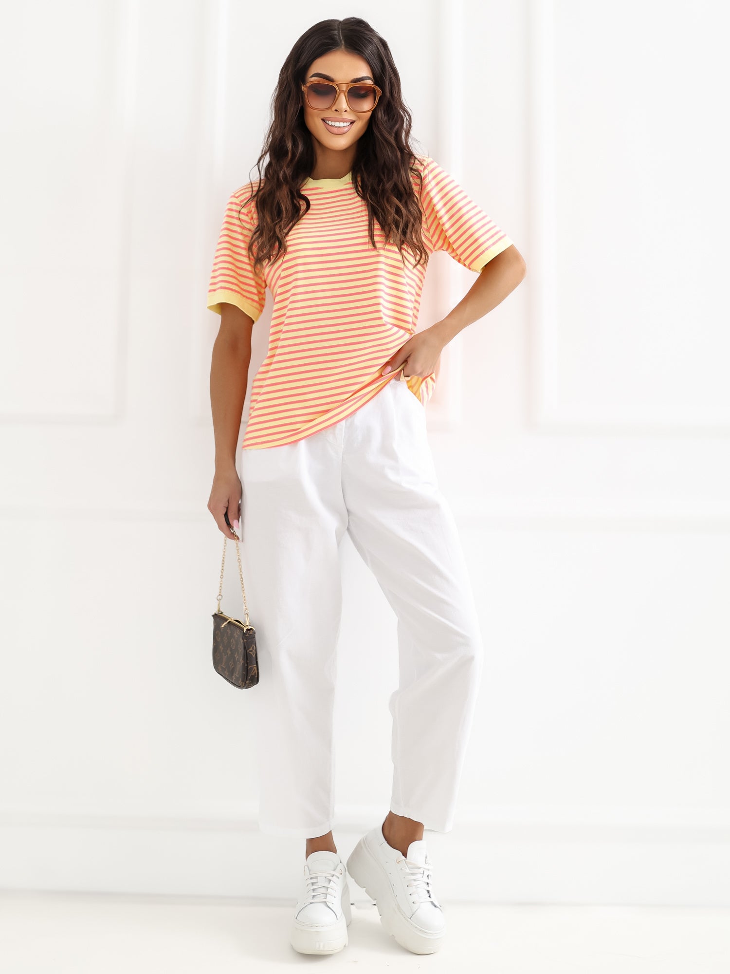 RUE PARIS Fluo różowo-żółty t-shirt oversize w paski