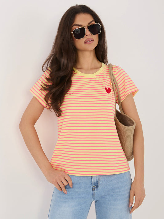 Fluo różowo-żółty bawełniany t-shirt z haftem