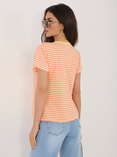 Fluo różowo-żółty bawełniany t-shirt z haftem