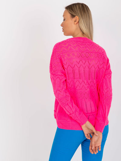 Fluo różowy rozpinany sweter letni w ażurowy wzór RUE PARIS