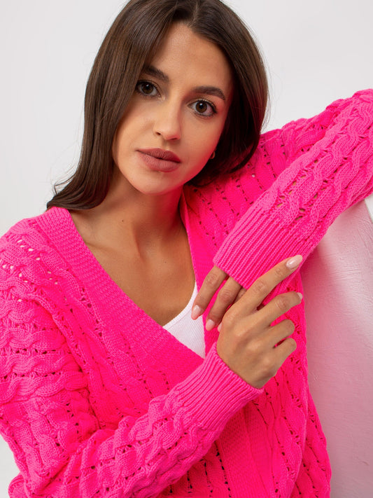 Fluo różowy ażurowy sweter rozpinany z guzikami RUE PARIS