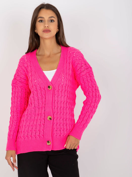 Fluo różowy ażurowy sweter rozpinany z guzikami RUE PARIS