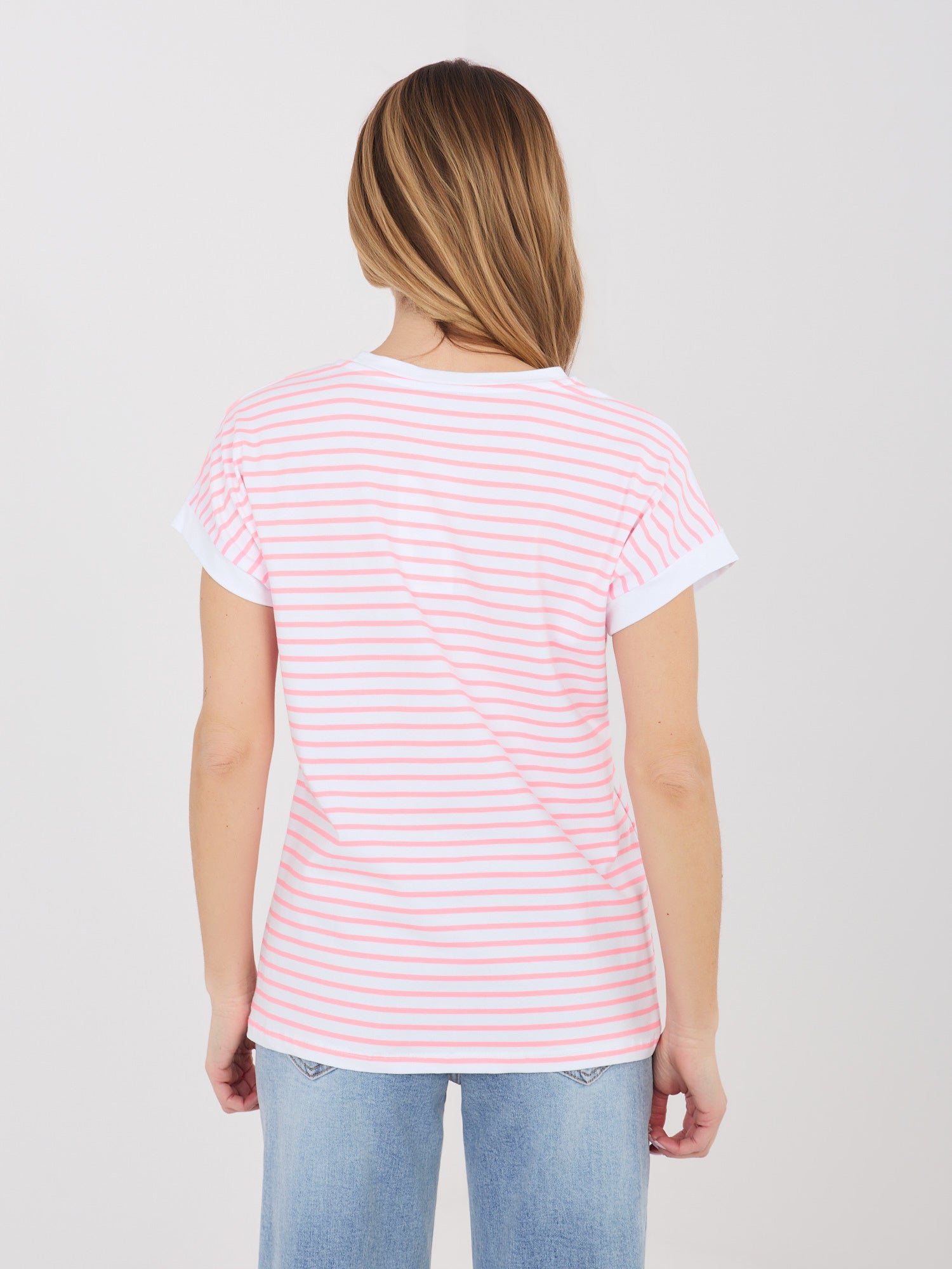 Fluo różowy bawełniany t-shirt w paski