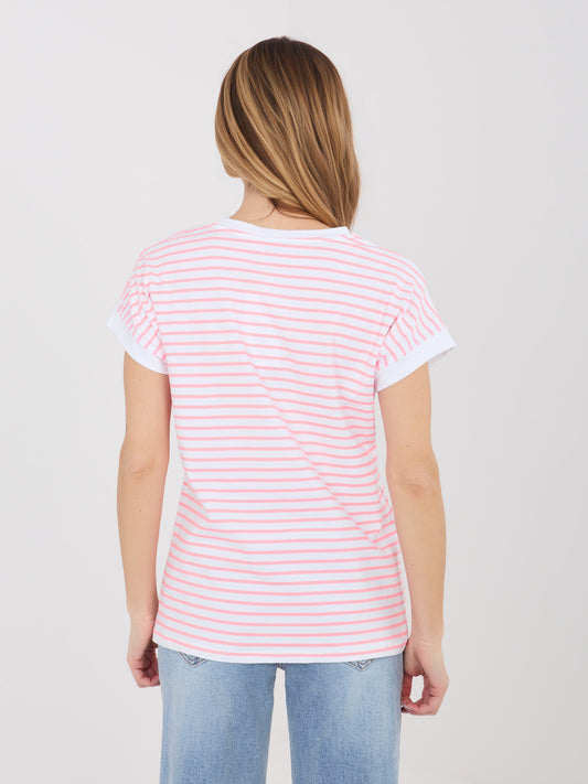 Fluo różowy bawełniany t-shirt w paski