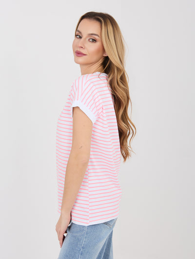 Fluo różowy bawełniany t-shirt w paski
