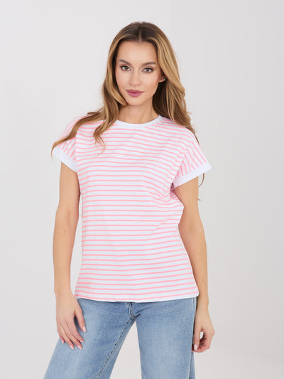 Fluo różowy bawełniany t-shirt w paski