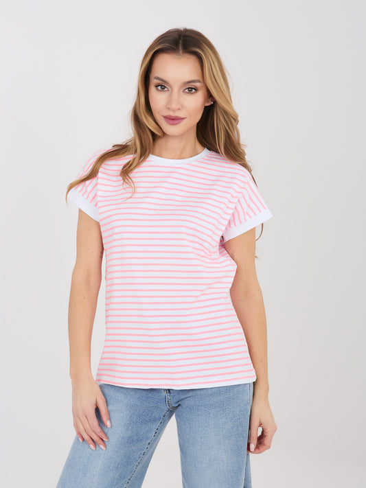 Fluo różowy bawełniany t-shirt w paski