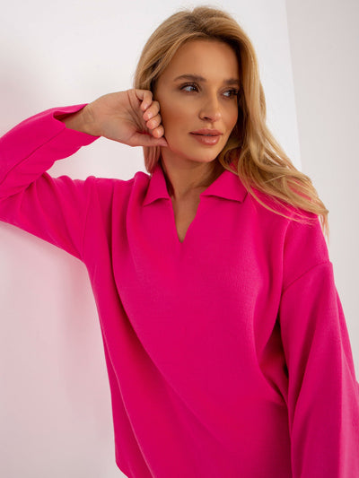 Fluo różowy damski sweter oversize z kołnierzykiem RUE PARIS