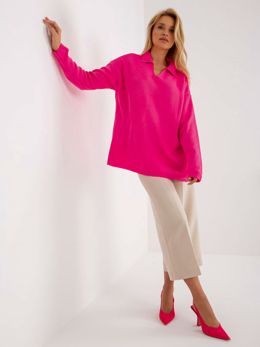 Fluo różowy damski sweter oversize z kołnierzykiem RUE PARIS