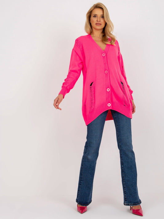 Fluo różowy luźny sweter rozpinany z dziurami RUE PARIS