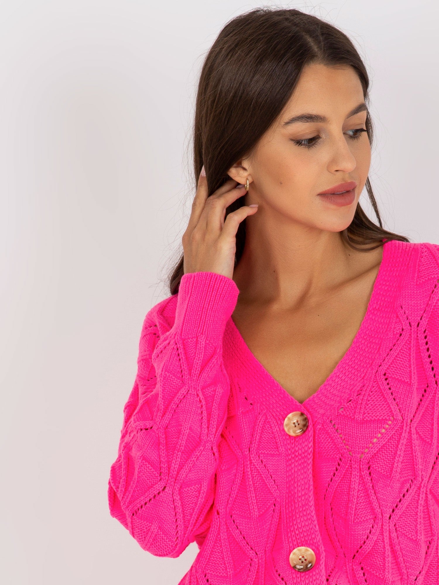 Fluo różowy ażurowy sweter rozpinany z guzikami RUE PARIS