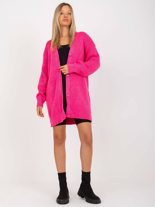 Fluo różowy długi sweter rozpinany z guzikami RUE PARIS