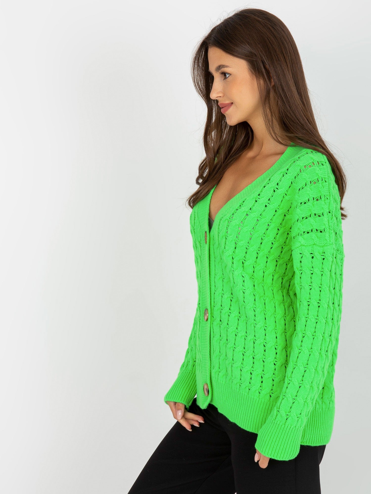 Fluo zielony ażurowy sweter rozpinany w warkocze RUE PARIS