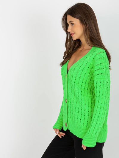 Fluo zielony ażurowy sweter rozpinany w warkocze RUE PARIS