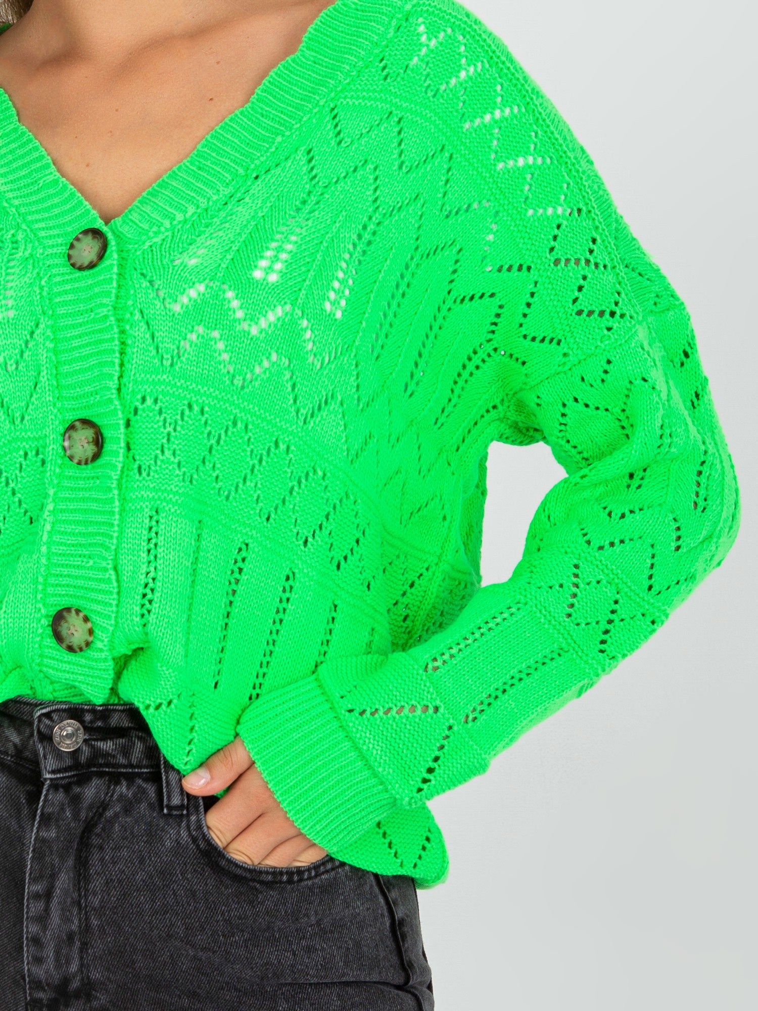 Fluo zielony ażurowy sweter letni z guzikami RUE PARIS