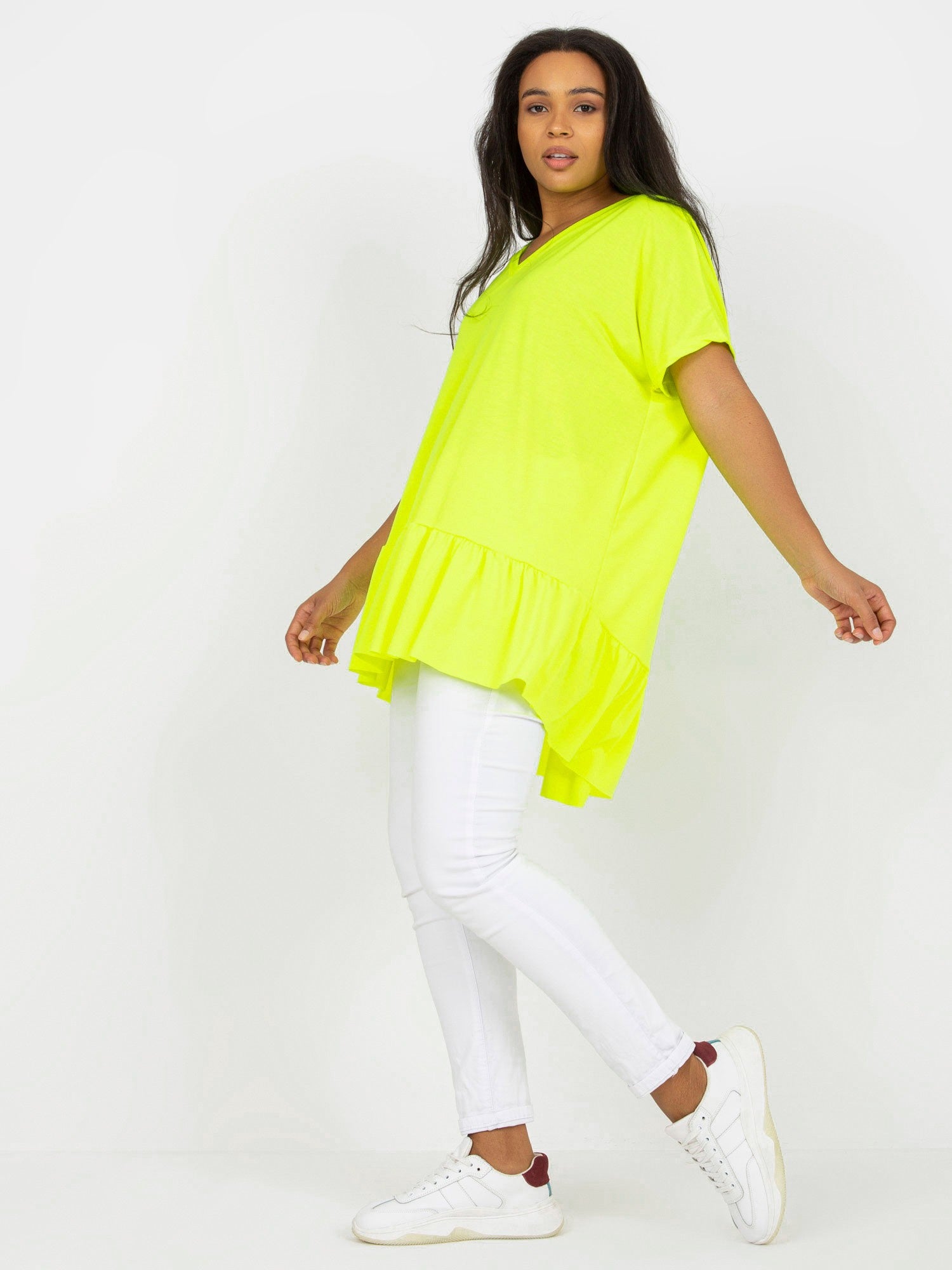 Fluo żółta codzienna tunika plus size z dekoltem w serek