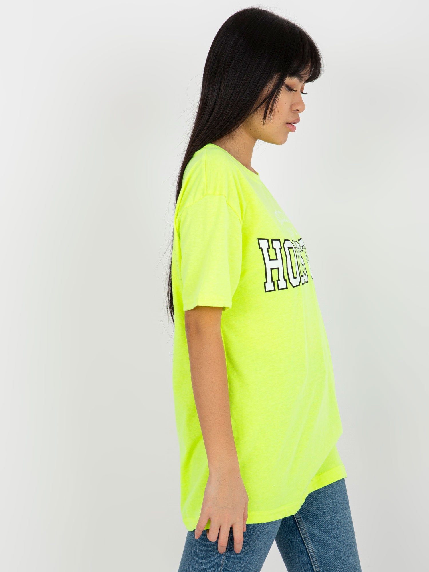 Fluo żółty luźny damski t-shirt z nadrukiem