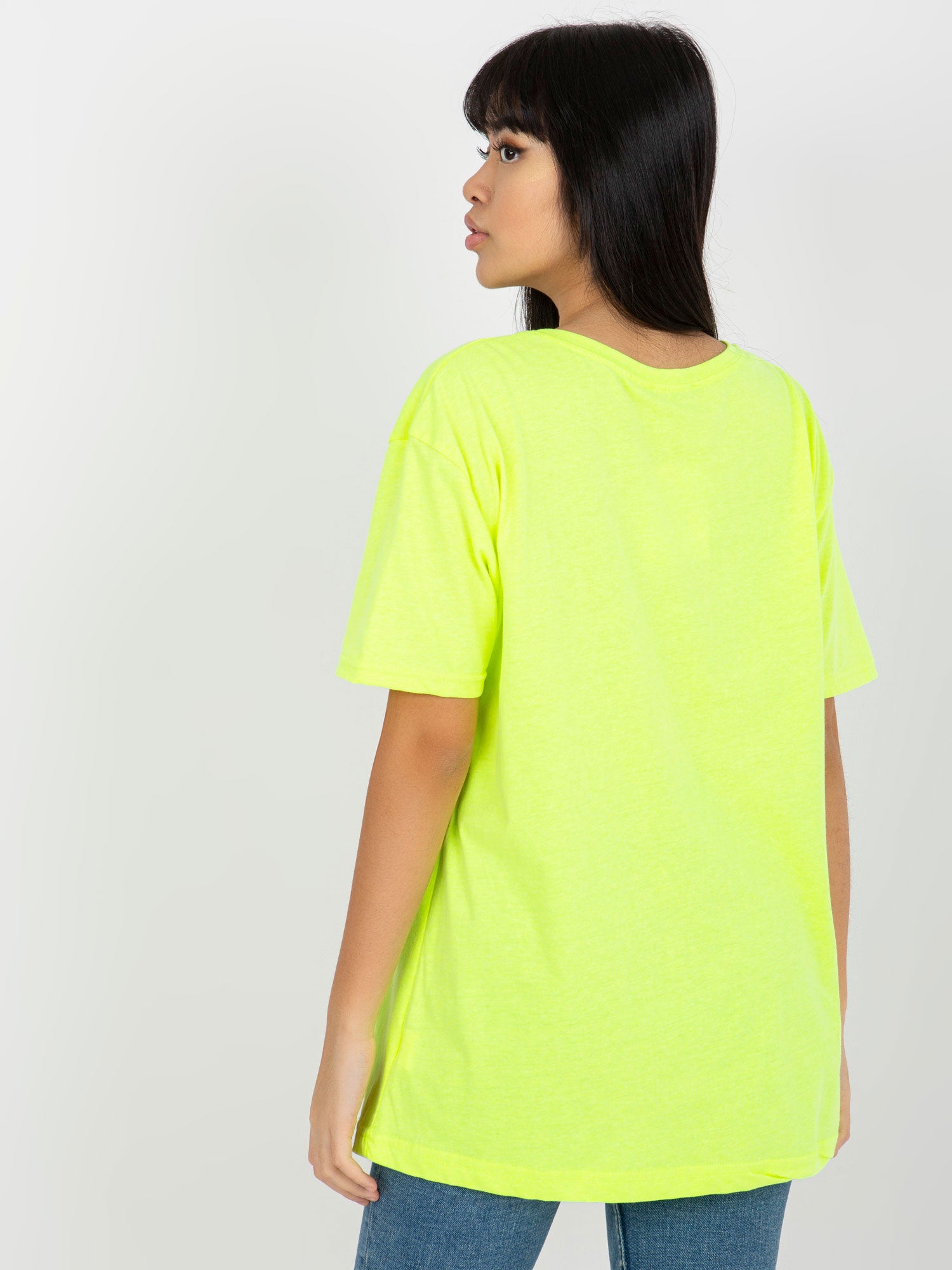 Fluo żółty luźny damski t-shirt z nadrukiem