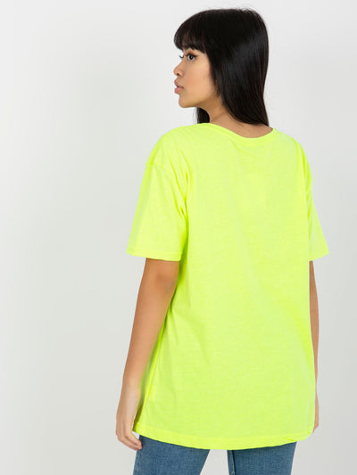 Fluo żółty luźny damski t-shirt z nadrukiem