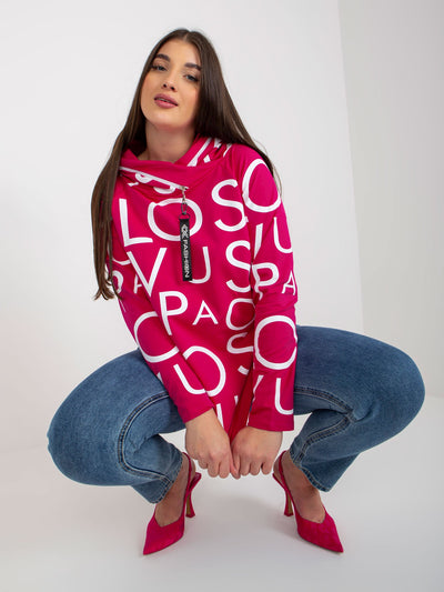 Fuksjowa damska bluza plus size z nadrukiem i kapturem