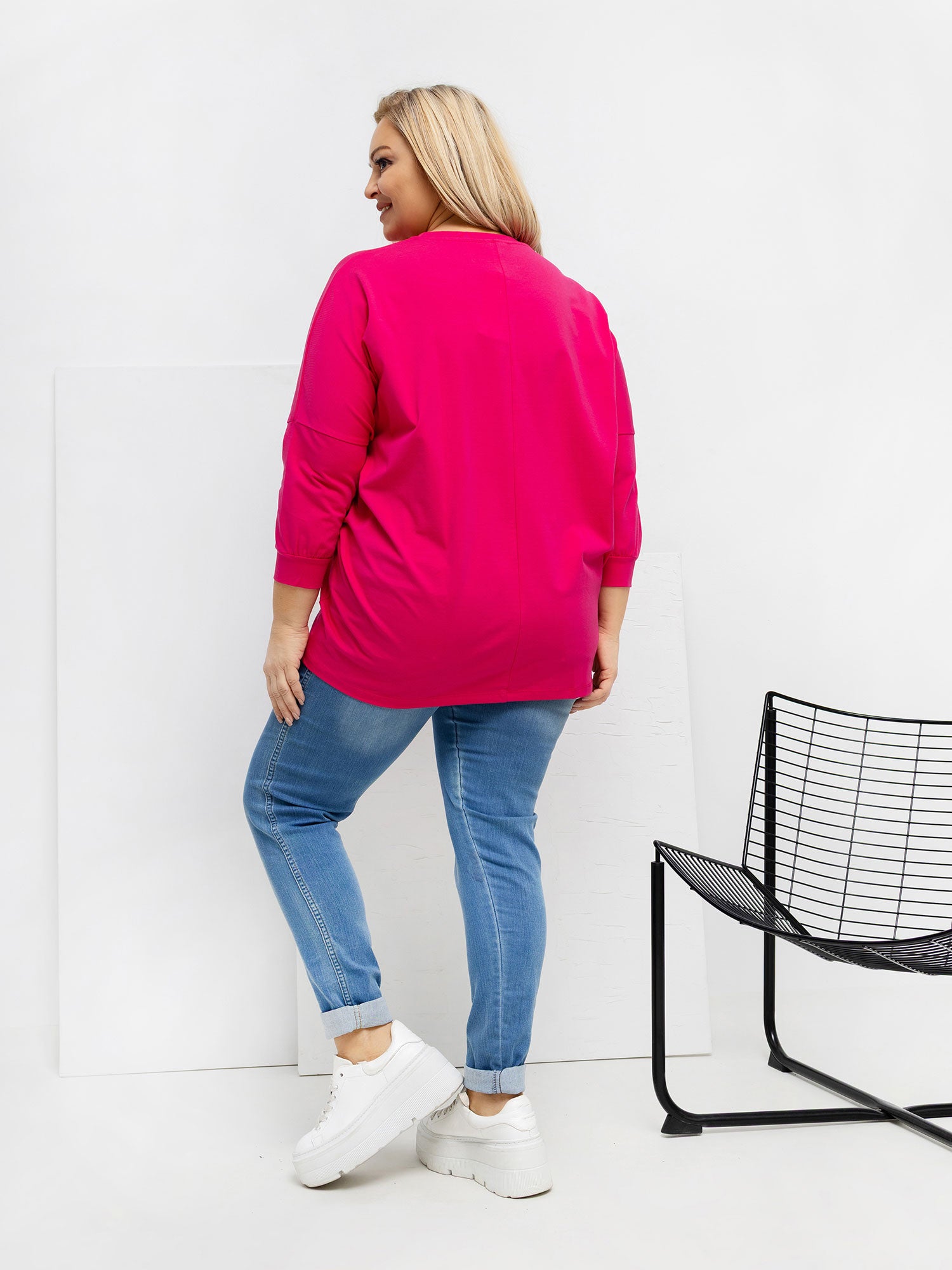 Fuksjowa bluzka plus size z rękawem 3/4