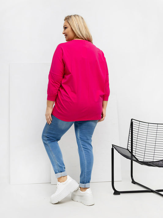 Fuksjowa bluzka plus size z rękawem 3/4