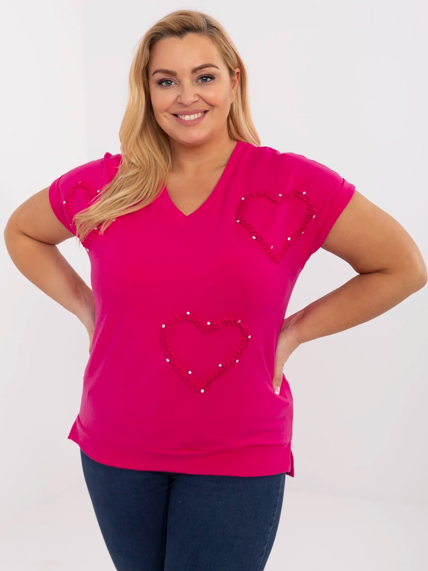 Fuksjowa damska bluzka plus size z cyrkoniami