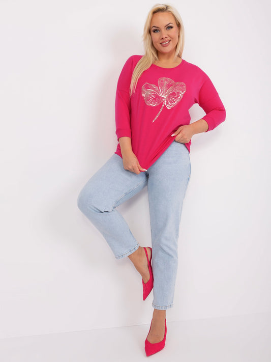 Fuksjowa damska bluzka plus size z rękawem 3/4